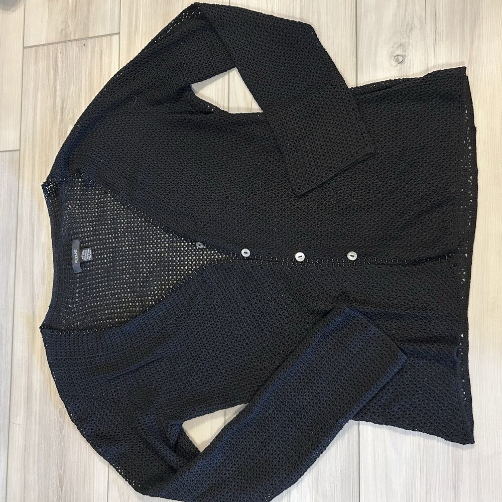 Alfani Black Open Knit Button Cardigan Sweater Size L Silk Blend Beaded Trim